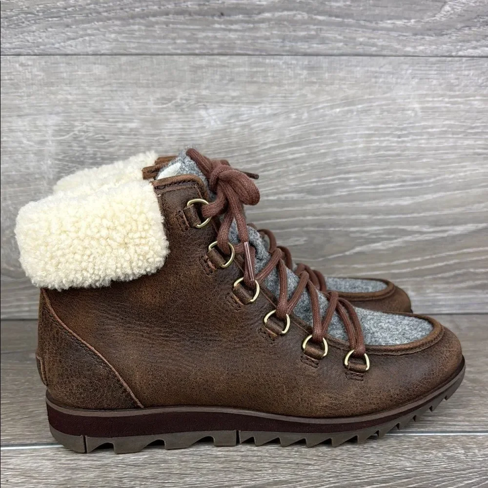 Sorel Harlow Lace Cozy Brown Waterproof Gray Felt Women’s Sz 7 Lace Up Boots